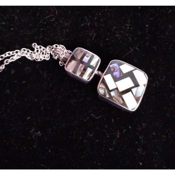 Sandy Baker Sterling 925 Paula shell horn inlay mosaic pendant on 925 Necklace - Picture 15 of 16